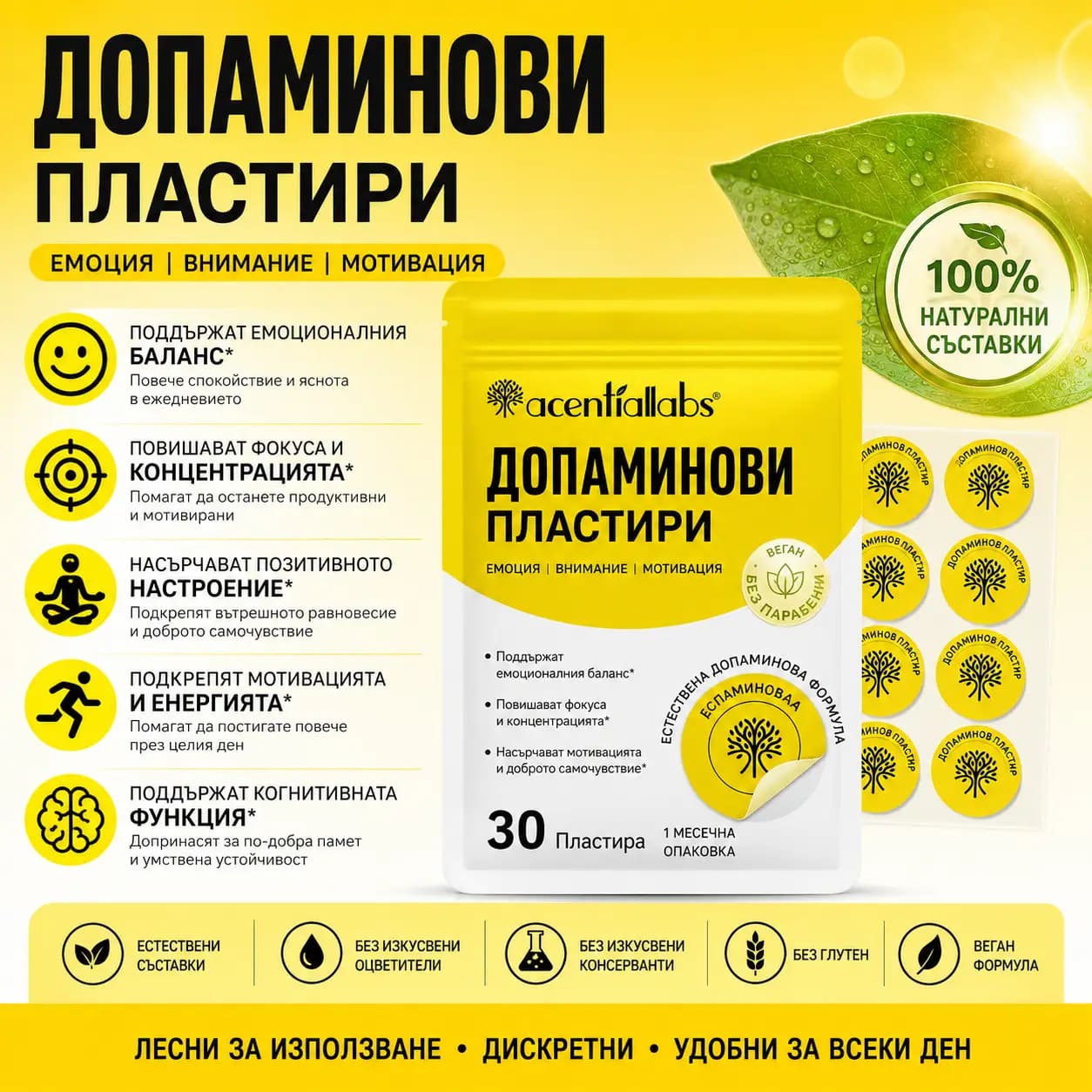 Ключови ползи на VitaPatch Допамин: насърчава емоционалния баланс; подобрява усещането за благополучие; помага да останеш фокусиран и остър