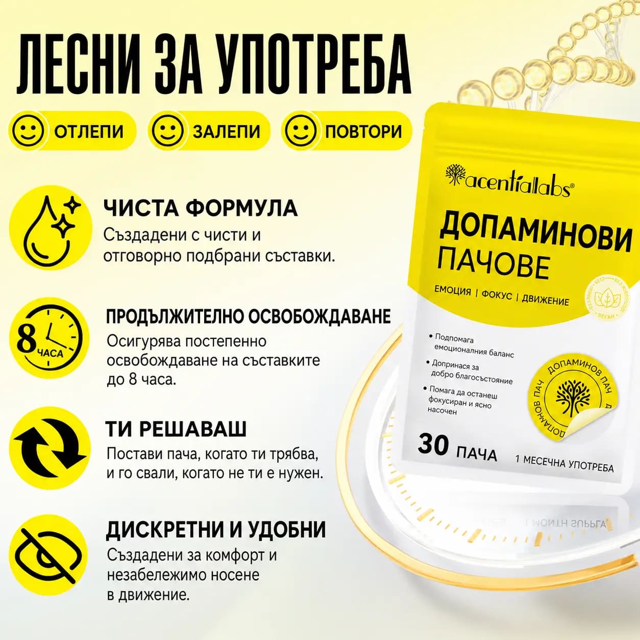 Как се използва VitaPatch Допамин — залепване на чиста суха кожа и носене до 8 часа