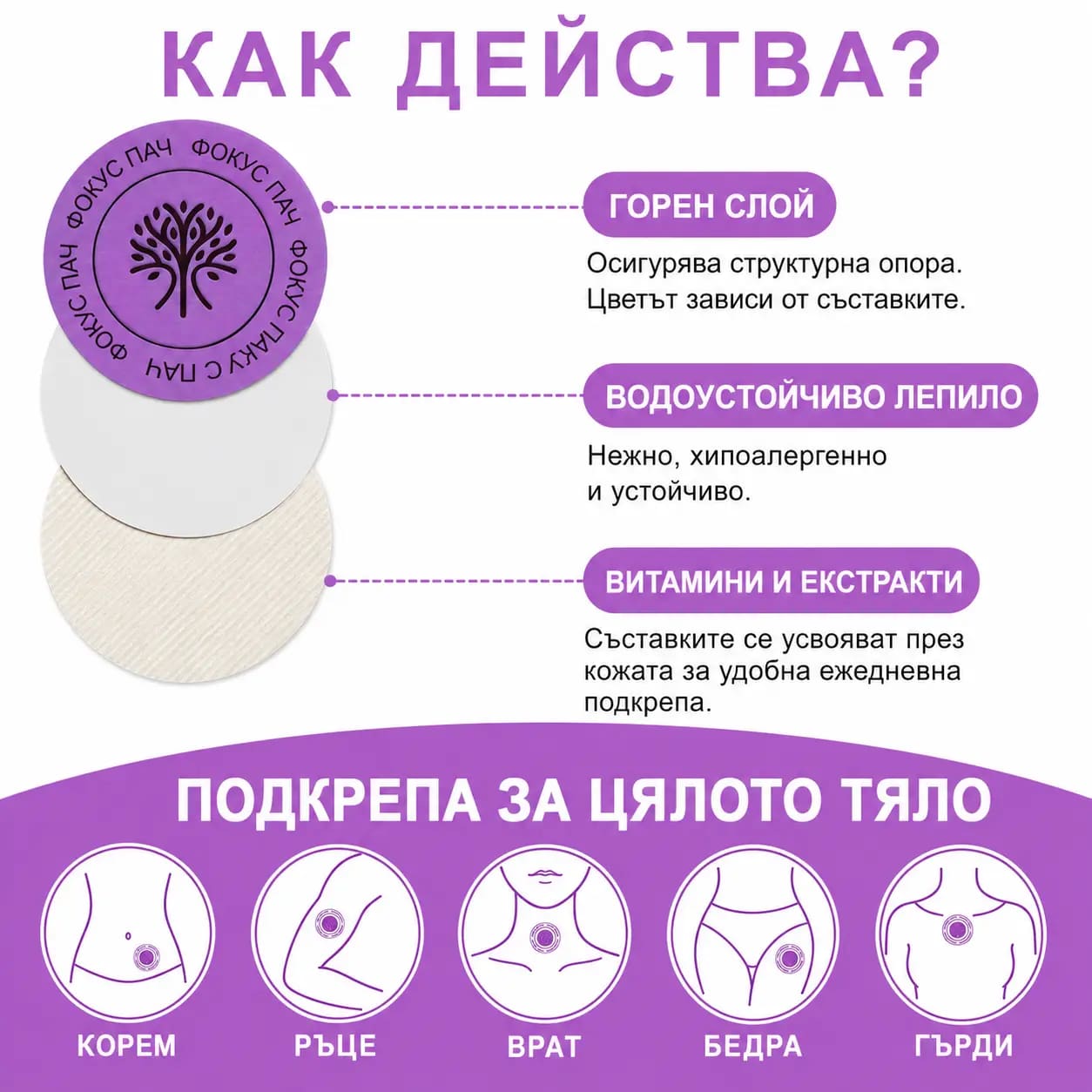 Разрез на пача Фокус: горен слой, водоустойчиво лепило и слой с витамини и екстракти, плюс зоните на поставяне — корем, ръце, врат, бедра и гърди