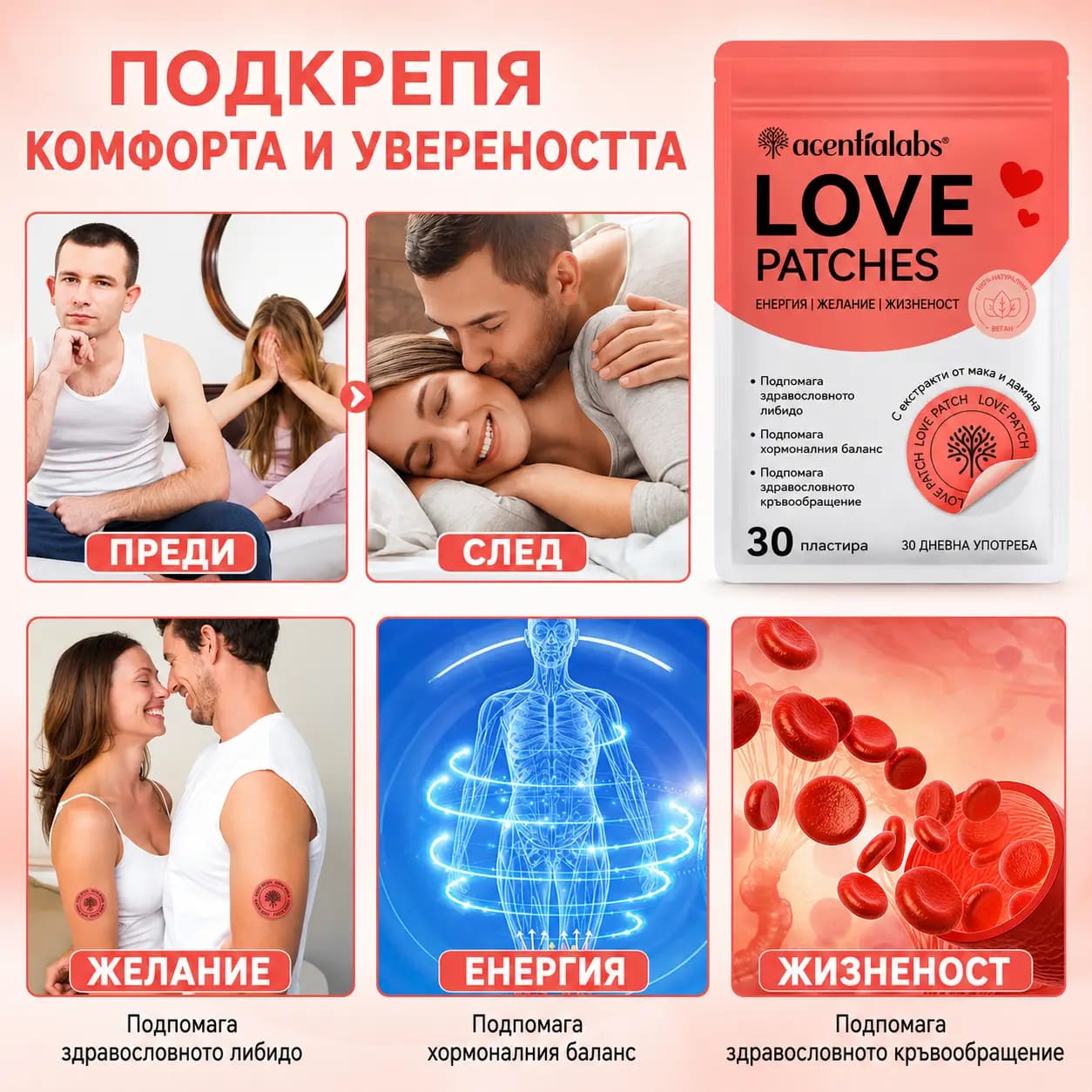 Опаковка VitaPatch Любов на български с основните ползи и означението „30 пача за 1 месец“