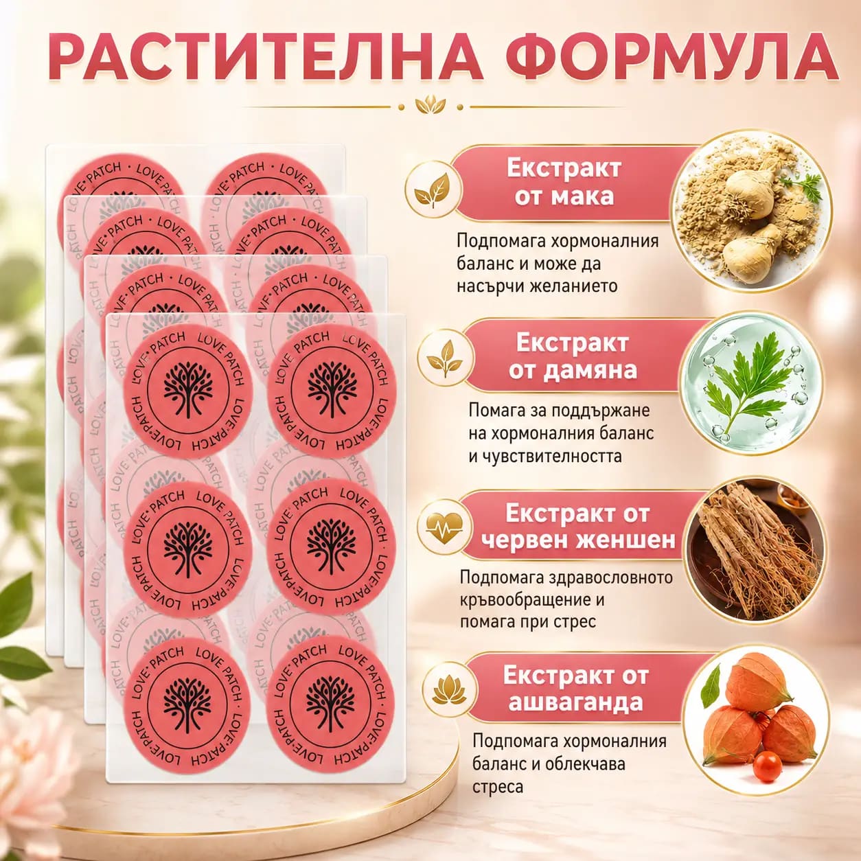 Ключови съставки на VitaPatch Любов: червен женшен, ашваганда, мака и дамиана