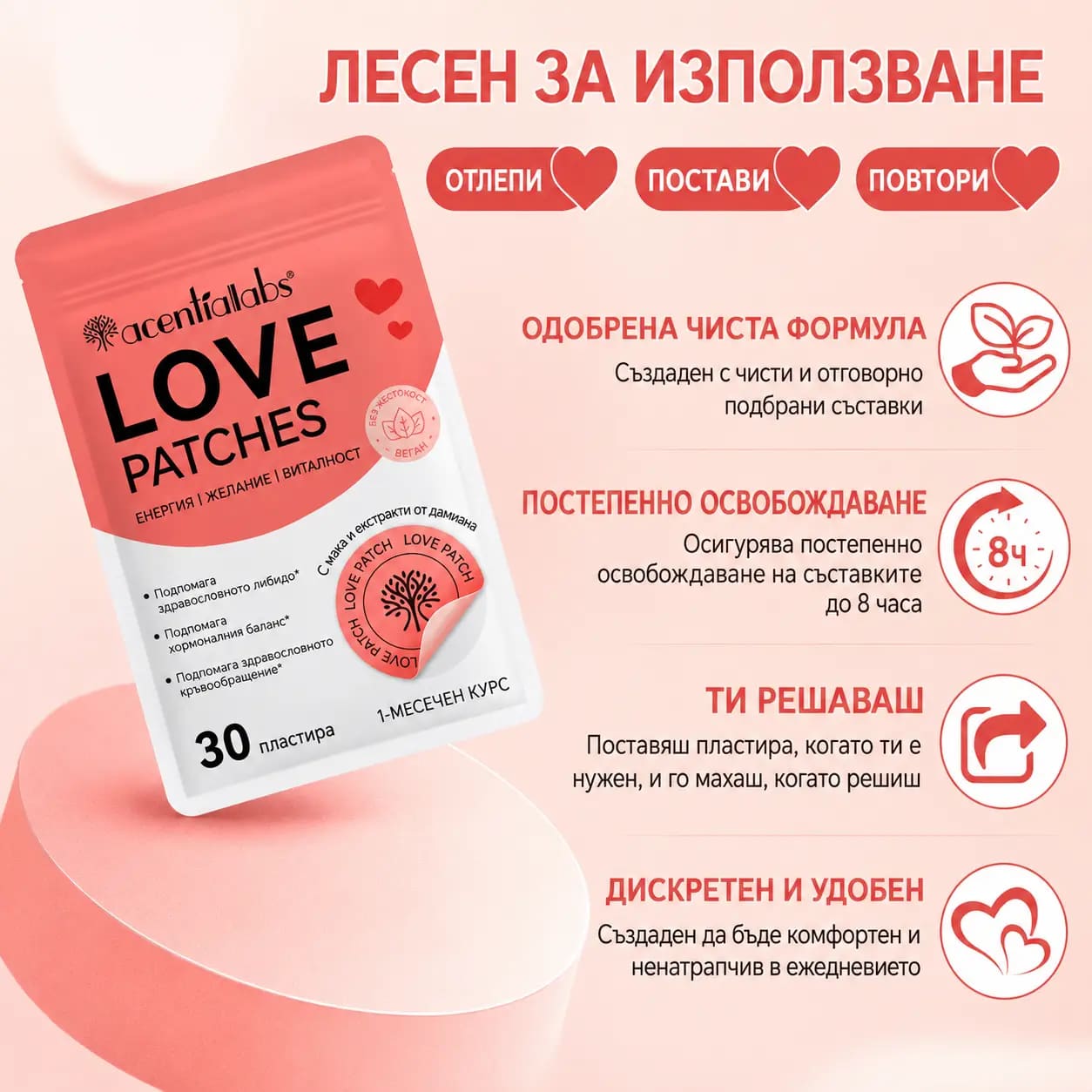 VitaPatch Любов се носи до 8 часа, устойчив е на пот и вода и остава дискретен под дрехите