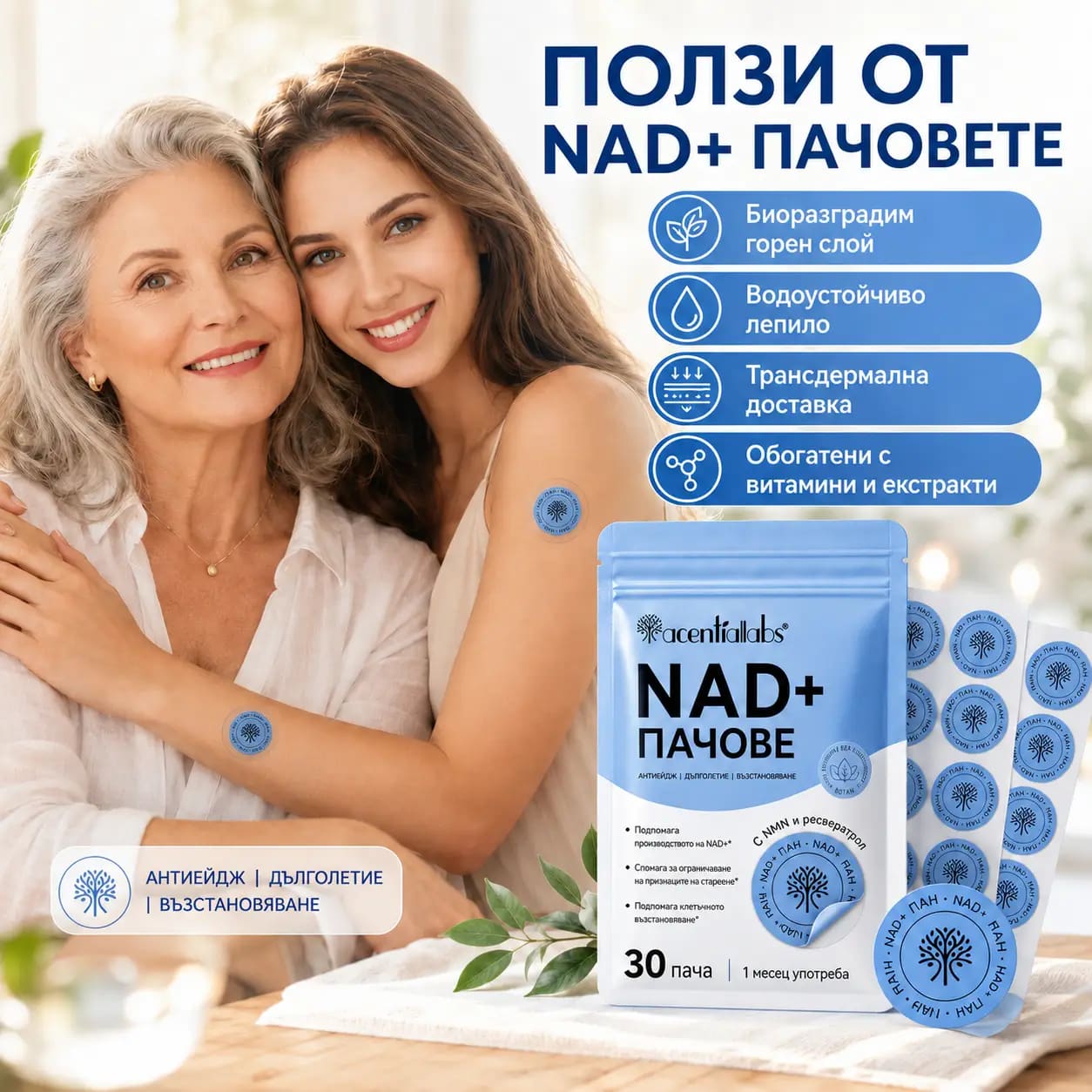 Ключови ползи на VitaPatch NAD+: подкрепя производството на nad+; помага в борбата с признаците на стареене; подкрепя клетъчното възстановяване