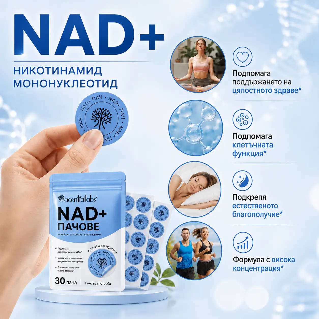 Ползите на VitaPatch NAD+, показани в сцена от ежедневието: подкрепя производството на nad+; помага в борбата с признаците на стареене; подкрепя клетъчното възстановяване