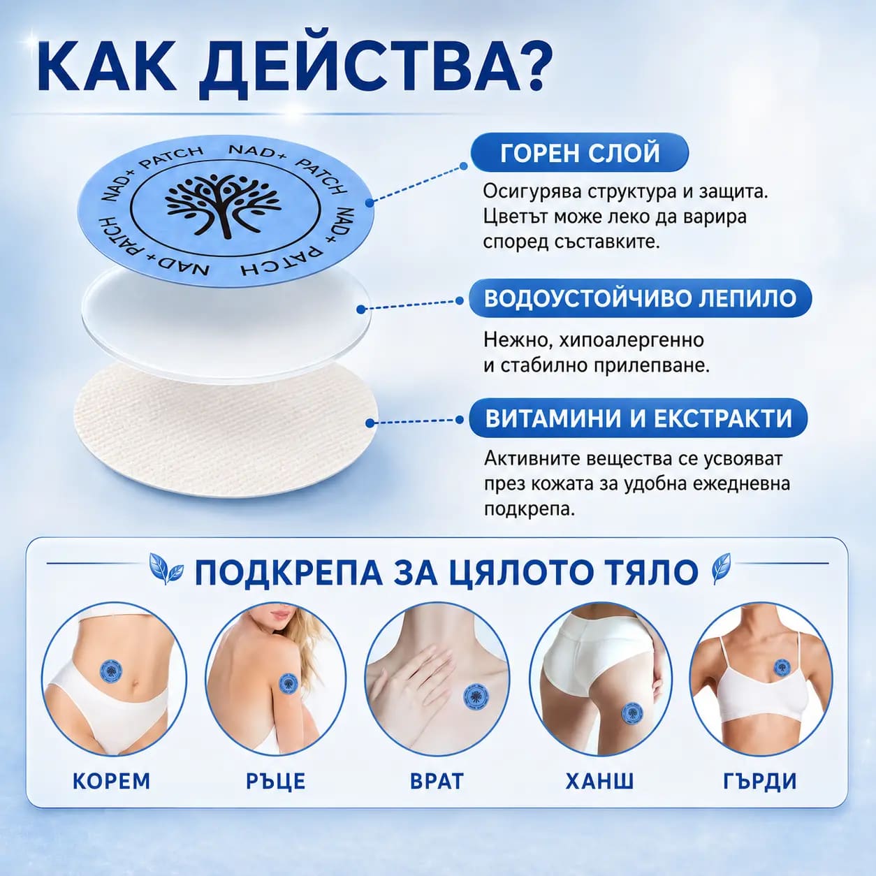 Трите слоя на пача NAD+ и зоните от тялото, на които може да се постави — корем, ръце, врат, ханш, гърди