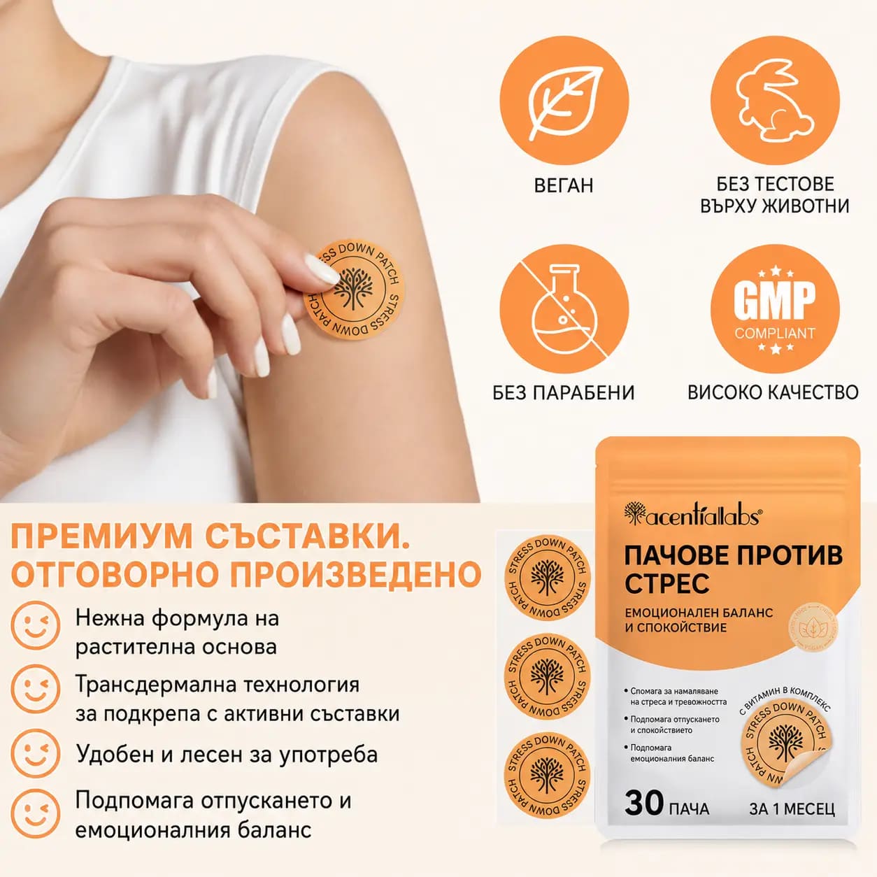 VitaPatch Stress Down — какво получаваш: 30 пача за един месец и чист, веган състав без парабени