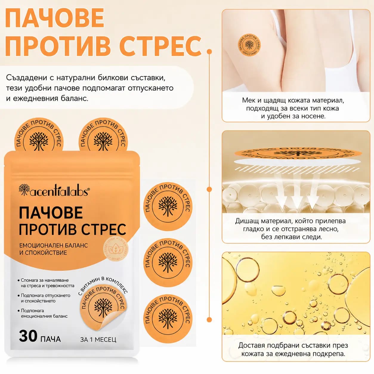 Опаковка VitaPatch Stress Down на български с основните ползи и означението „30 пача за 1 месец“