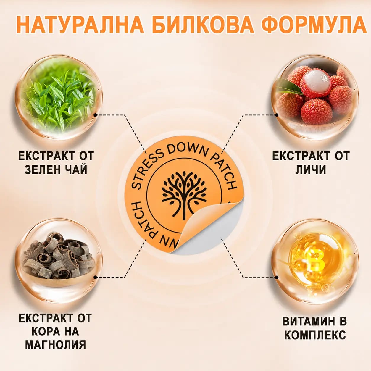 Ключовите съставки на VitaPatch Stress Down в едър план и ролята им във формулата