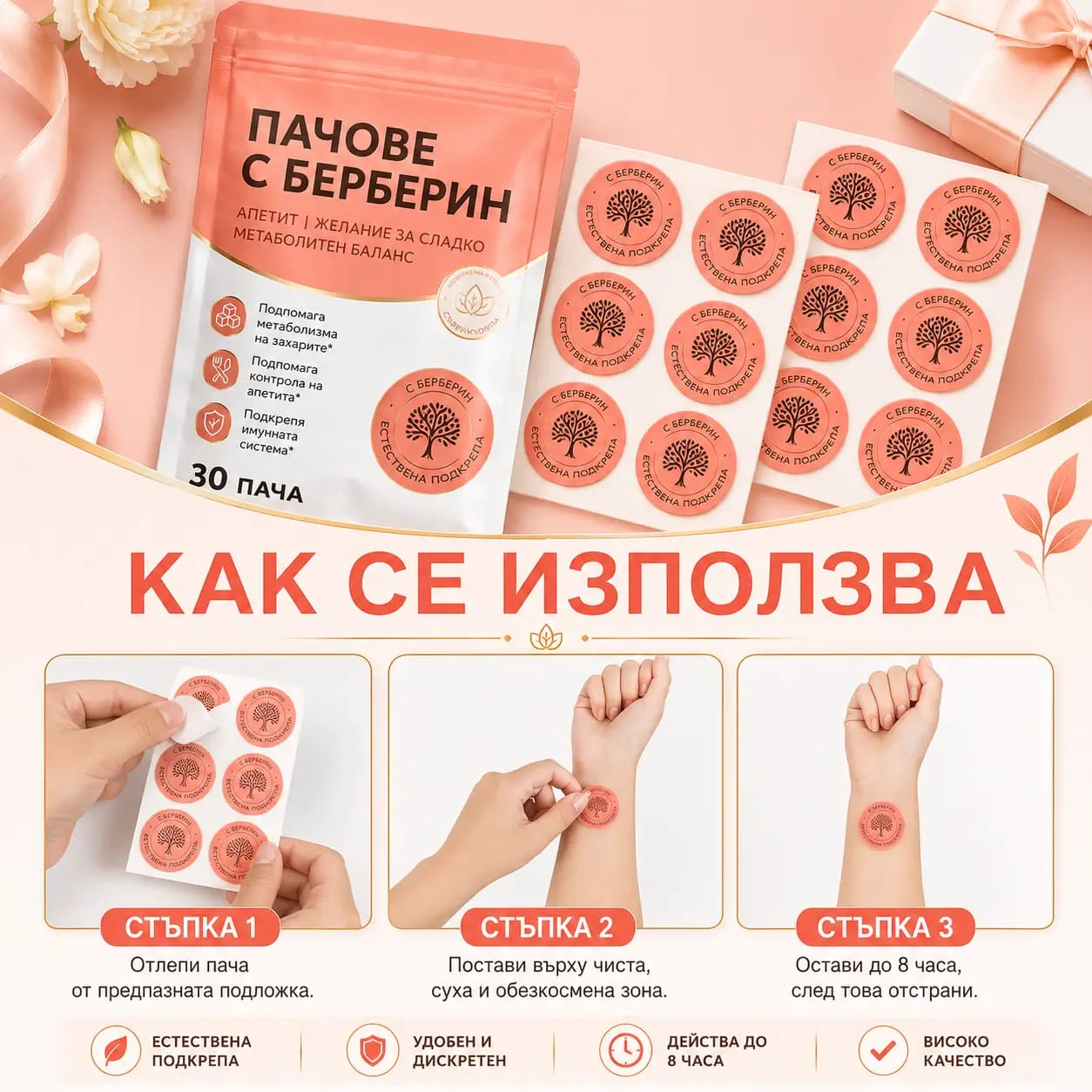Как се използва VitaPatch Berberine — залепване на чиста суха кожа и носене до 8 часа