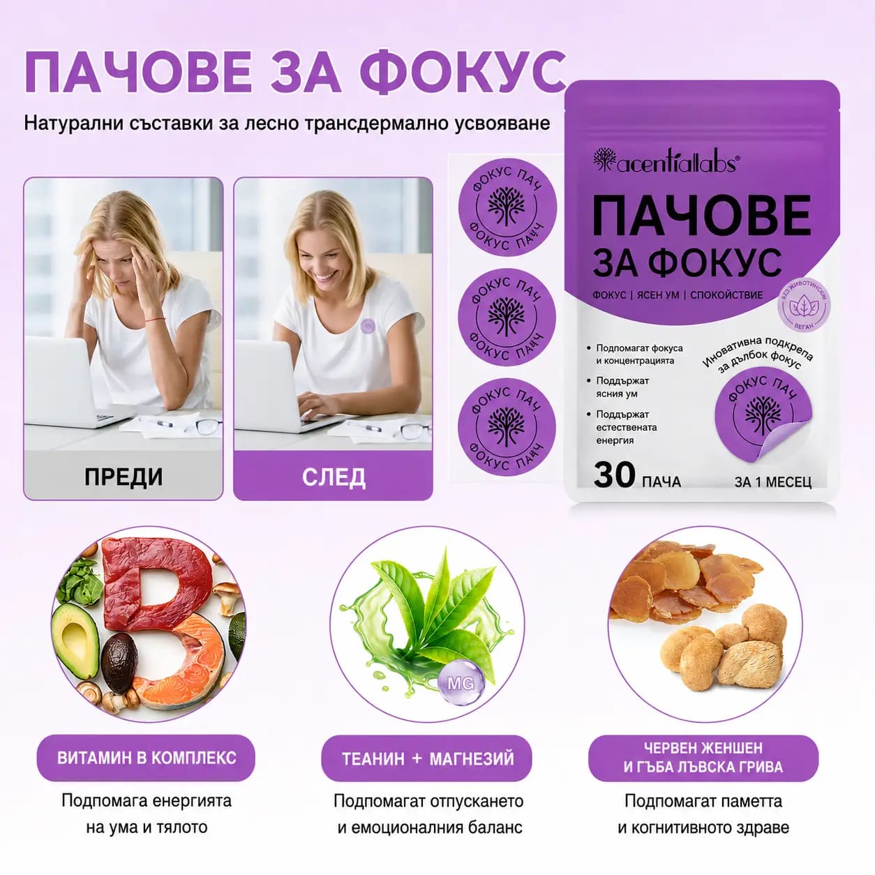 Опаковка „Пачове за Фокус“ на български с три хеджирани ползи и надпис „30 пача за 1 месец“, до нея лист с лилави пачове и кадри „преди“ и „след“ на жена пред лаптоп