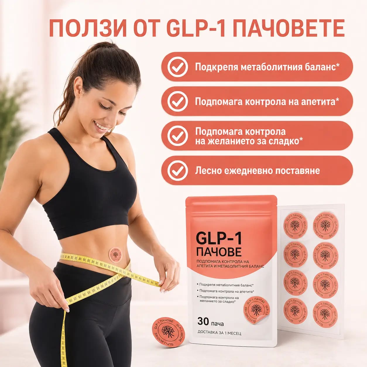 Ключови ползи на VitaPatch GLP-1: помага за подкрепа на glp-1 нивата; съдейства за регулиране на апетита; подкрепя функцията на метаболизма